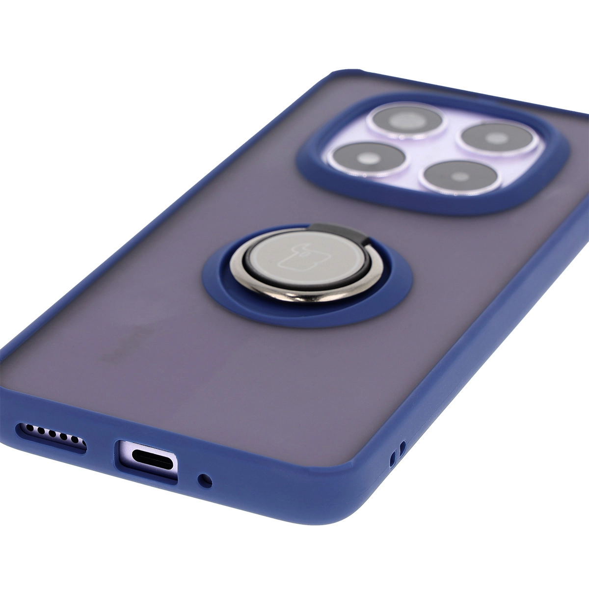 Etui Bizon z uchwytem na palec Hybrid Ring do Xiaomi Redmi Note 14 Pro 5G / Poco X7 Przydymione z granatową ramką