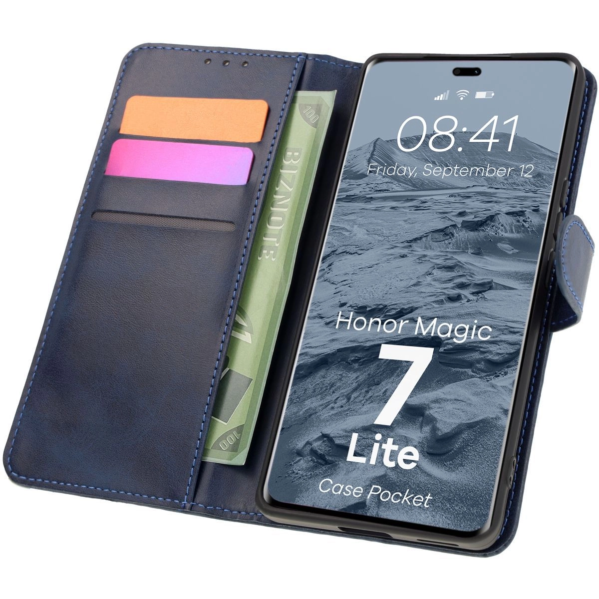 Etui Bizon z klapką Pocket do Honor Magic7 Lite Granatowy