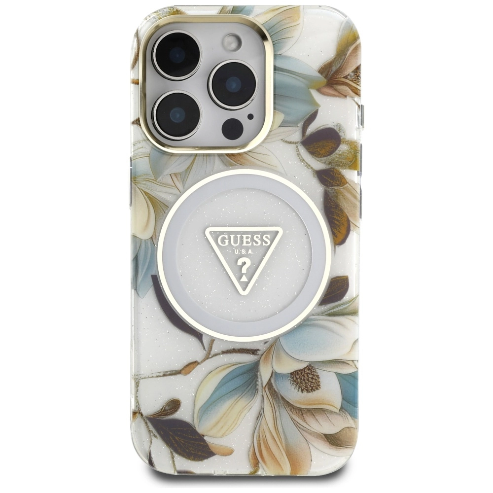 Etui Guess Glitter Flowers Triangle Buttons MagSafe do iPhone 16 Pro Biały
