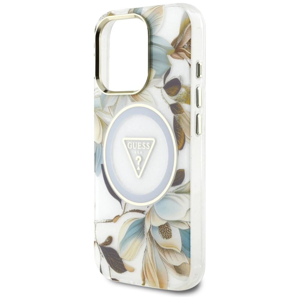Etui Guess Glitter Flowers Triangle Buttons MagSafe do iPhone 16 Pro Biały