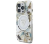 Etui Guess Glitter Flowers Triangle Buttons MagSafe do iPhone 16 Pro Biały