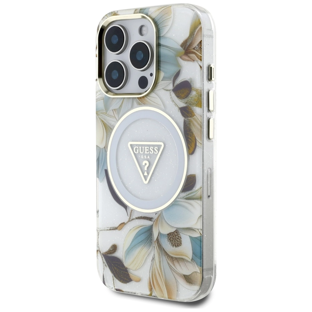 Etui Guess Glitter Flowers Triangle Buttons MagSafe do iPhone 16 Pro Biały