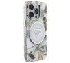Etui Guess Glitter Flowers Triangle Buttons MagSafe do iPhone 16 Pro Biały