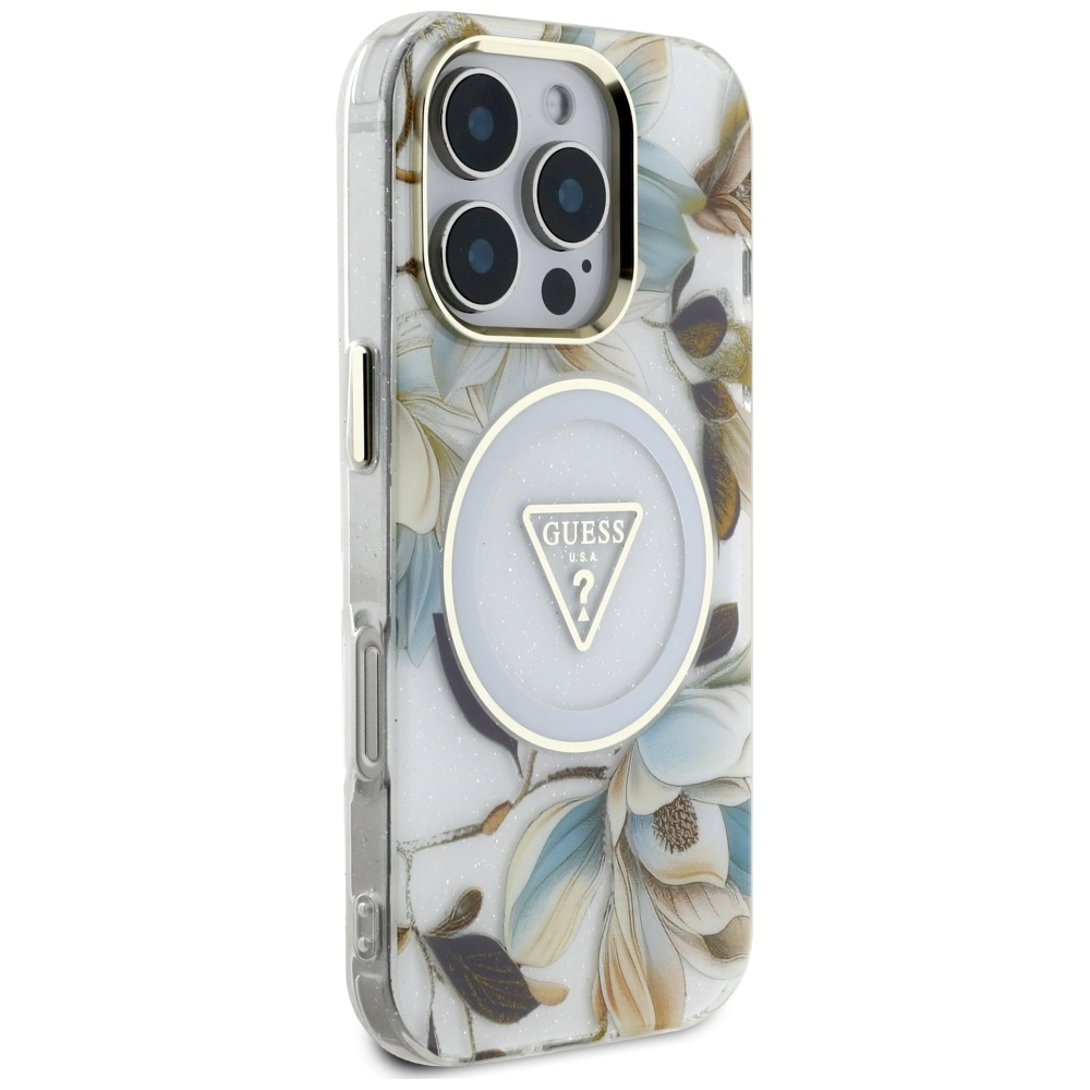 Etui Guess Glitter Flowers Triangle Buttons MagSafe do iPhone 16 Pro Biały