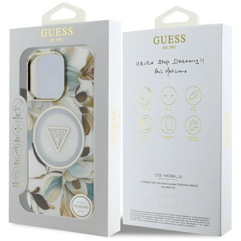 Etui Guess Glitter Flowers Triangle Buttons MagSafe do iPhone 16 Pro Biały
