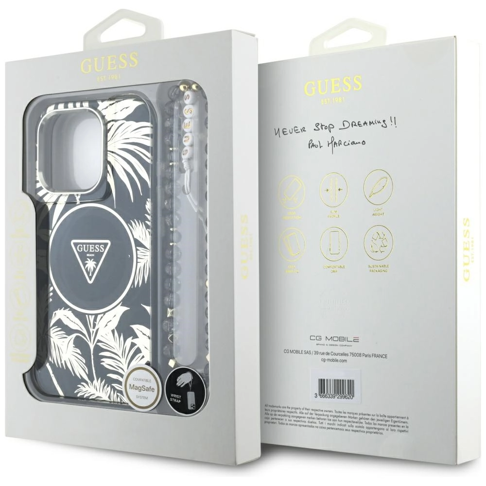 Etui Guess Palm Trees Triangle Pearl Strap MagSafe do iPhone 16 Pro Max Czarny