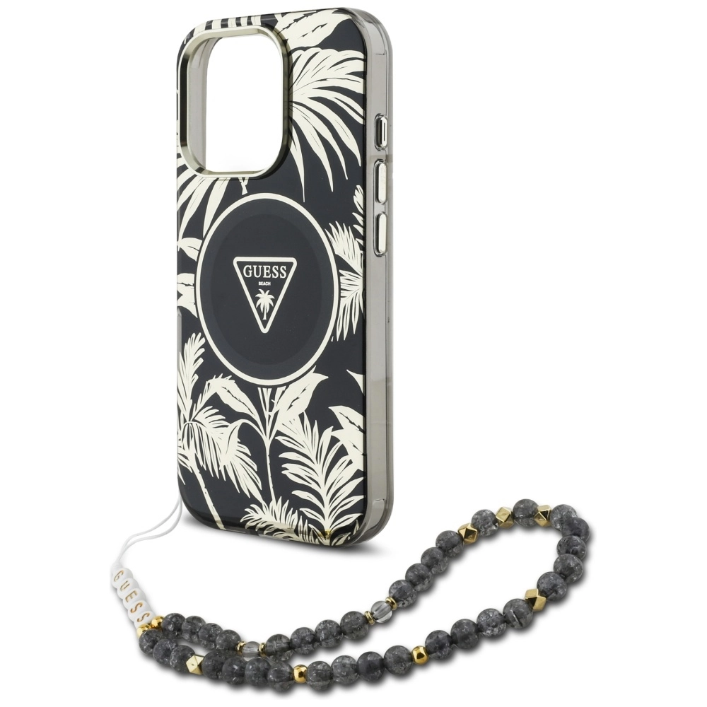 Etui Guess Palm Trees Triangle Pearl Strap MagSafe do iPhone 16 Pro Max Czarny