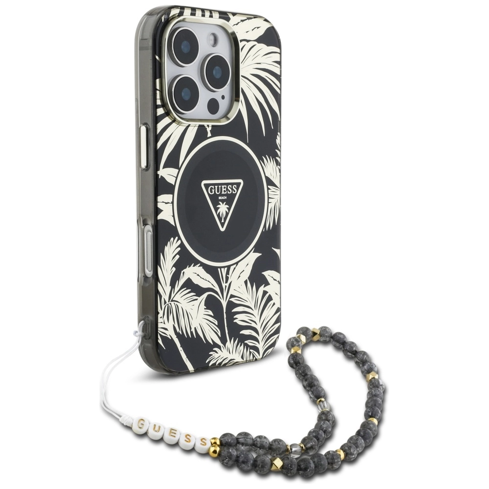 Etui Guess Palm Trees Triangle Pearl Strap MagSafe do iPhone 16 Pro Max Czarny