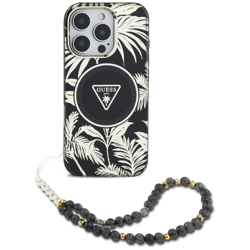 Etui Guess Palm Trees Triangle Pearl Strap MagSafe do iPhone 16 Pro Max Czarny