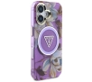 Etui Guess Glitter Flowers Triangle Buttons MagSafe do iPhone 16 Fioletowy