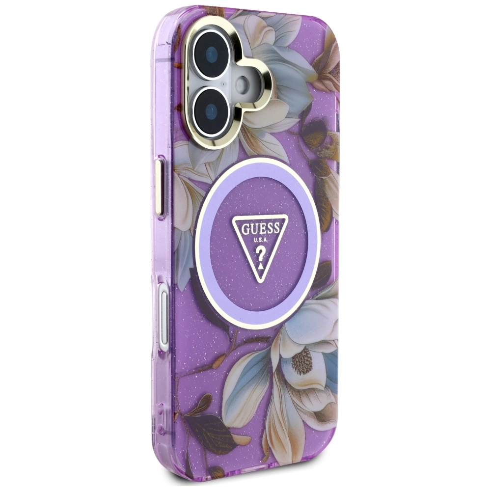 Etui Guess Glitter Flowers Triangle Buttons MagSafe do iPhone 16 Fioletowy