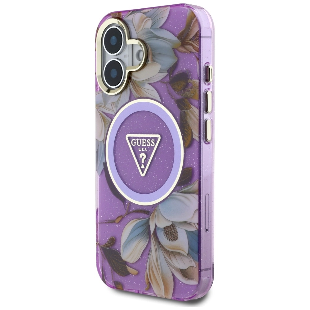 Etui Guess Glitter Flowers Triangle Buttons MagSafe do iPhone 16 Fioletowy