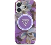 Etui Guess Glitter Flowers Triangle Buttons MagSafe do iPhone 16 Fioletowy