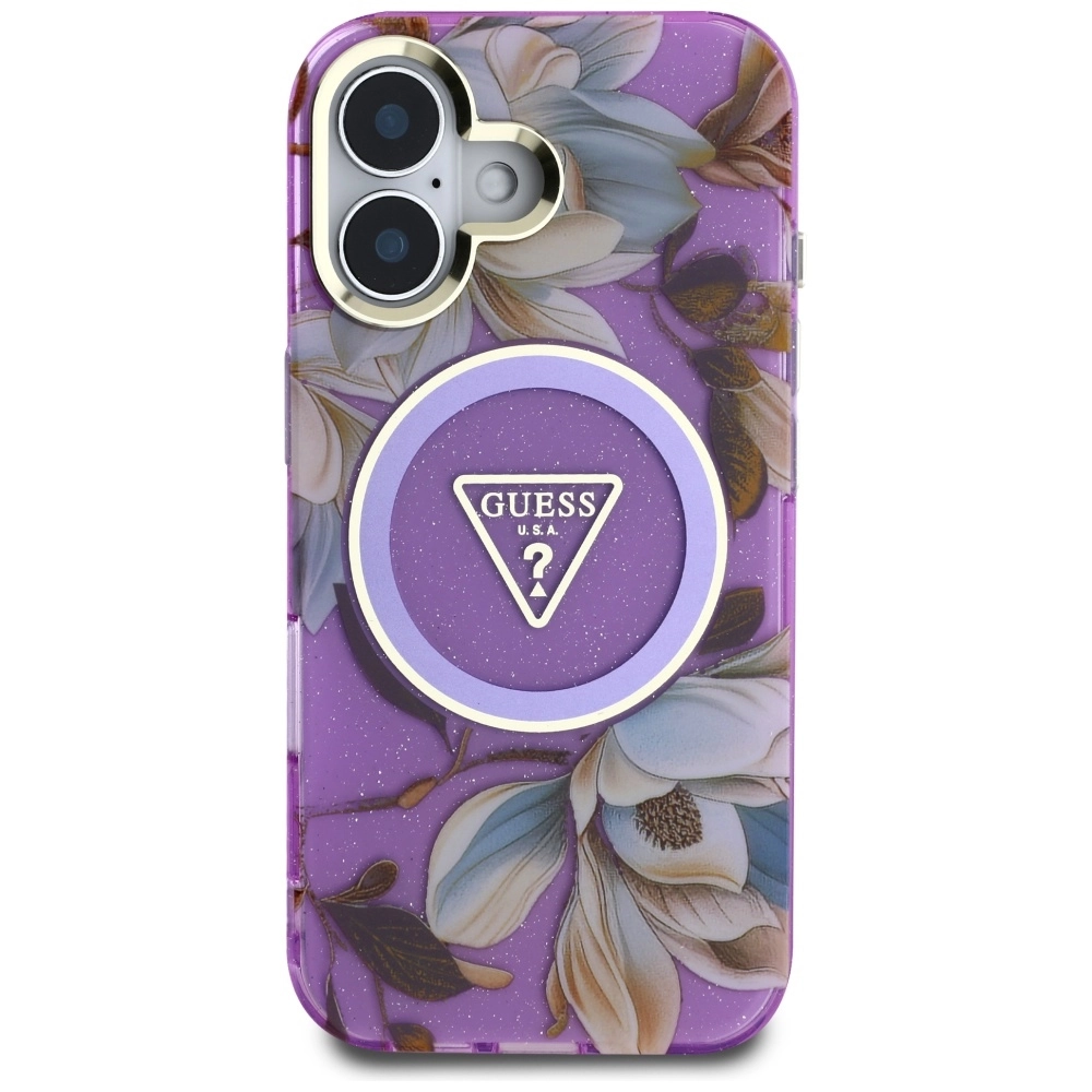 Etui Guess Glitter Flowers Triangle Buttons MagSafe do iPhone 16 Fioletowy