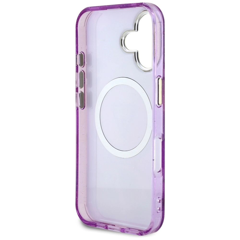 Etui Guess Glitter Flowers Triangle Buttons MagSafe do iPhone 16 Fioletowy