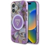 Etui Guess Glitter Flowers Triangle Buttons MagSafe do iPhone 16 Fioletowy