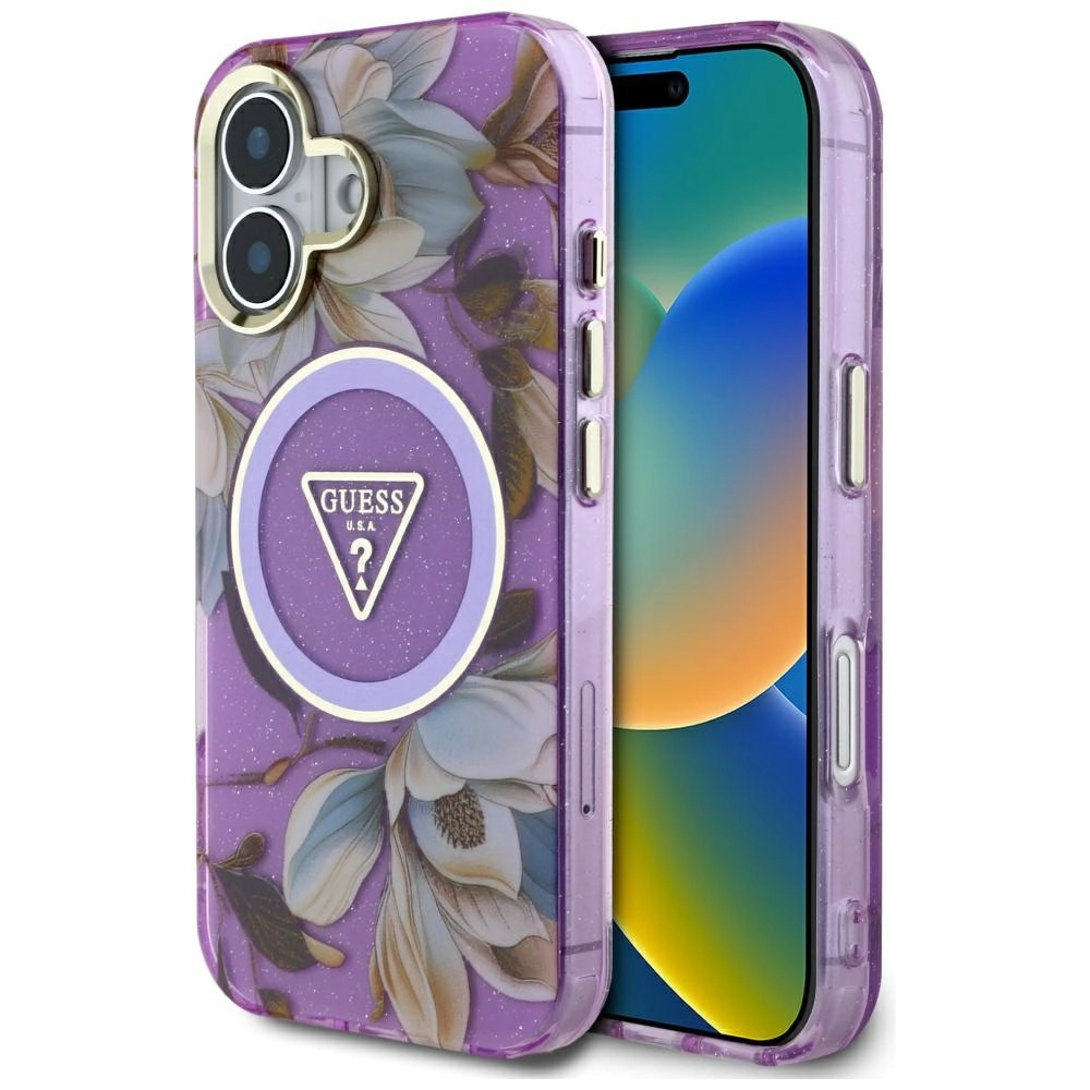 Etui Guess Glitter Flowers Triangle Buttons MagSafe do iPhone 16 Fioletowy