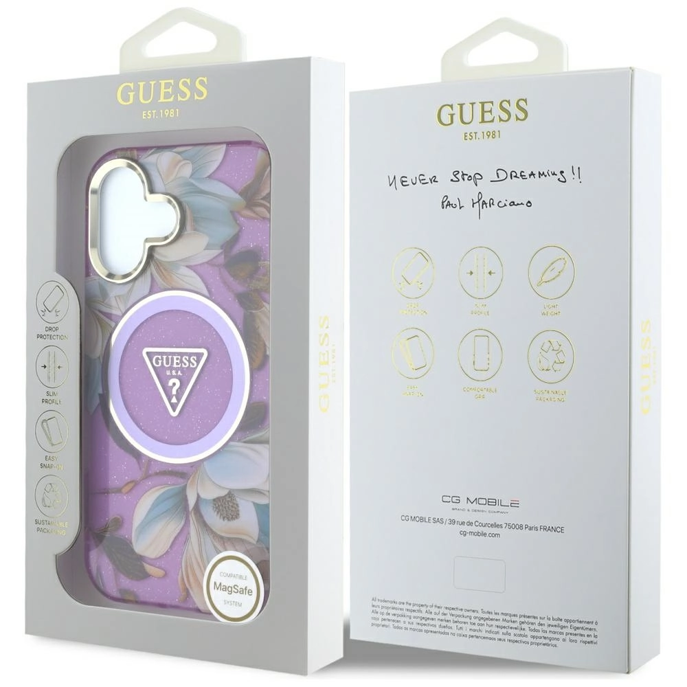 Etui Guess Glitter Flowers Triangle Buttons MagSafe do iPhone 16 Fioletowy