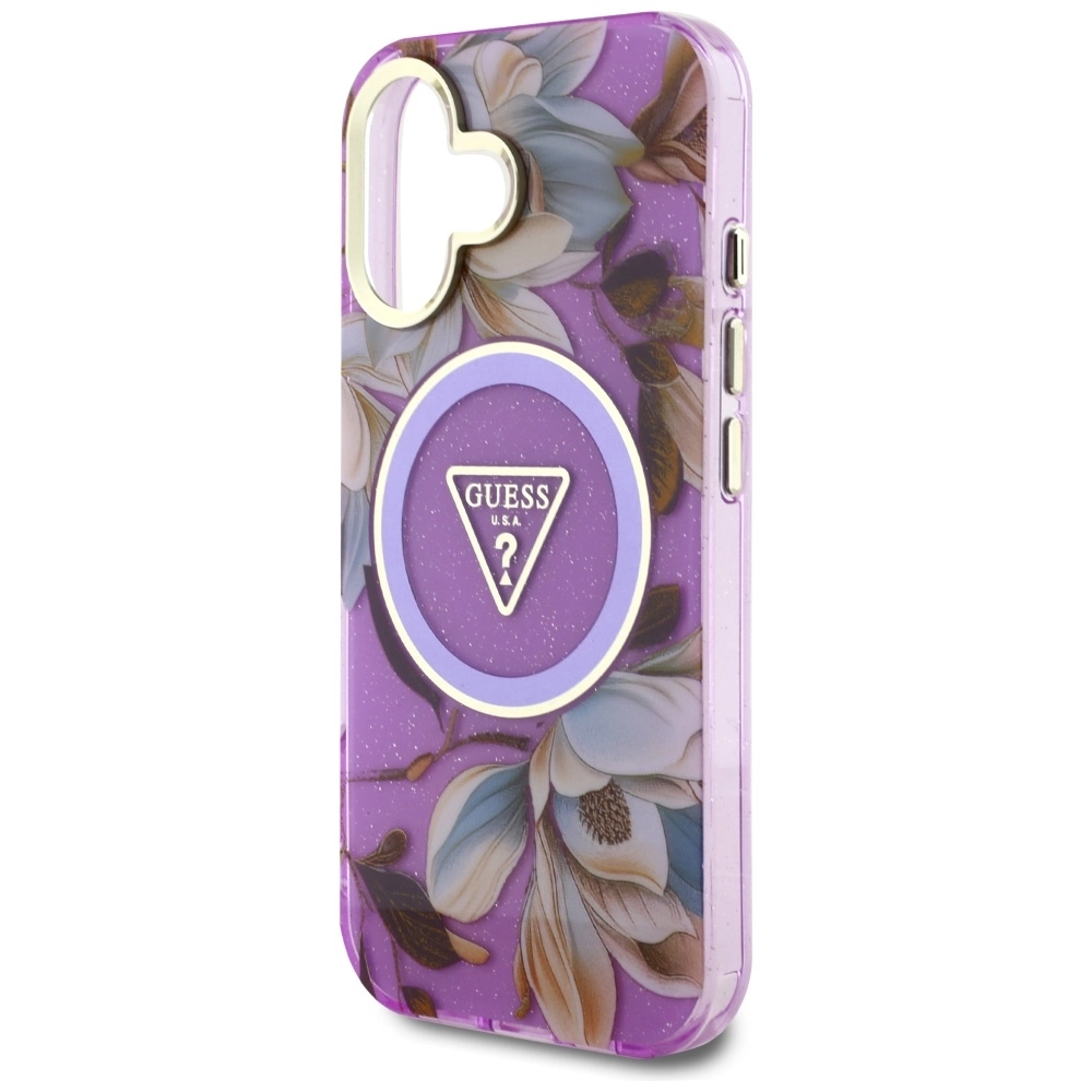 Etui Guess Glitter Flowers Triangle Buttons MagSafe do iPhone 16 Fioletowy