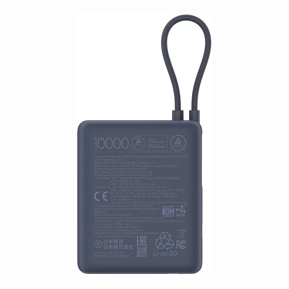 Powerbank Xiaomi PB1033MI 10000mAh 33W Wbudowany kable USB-C Niebieski