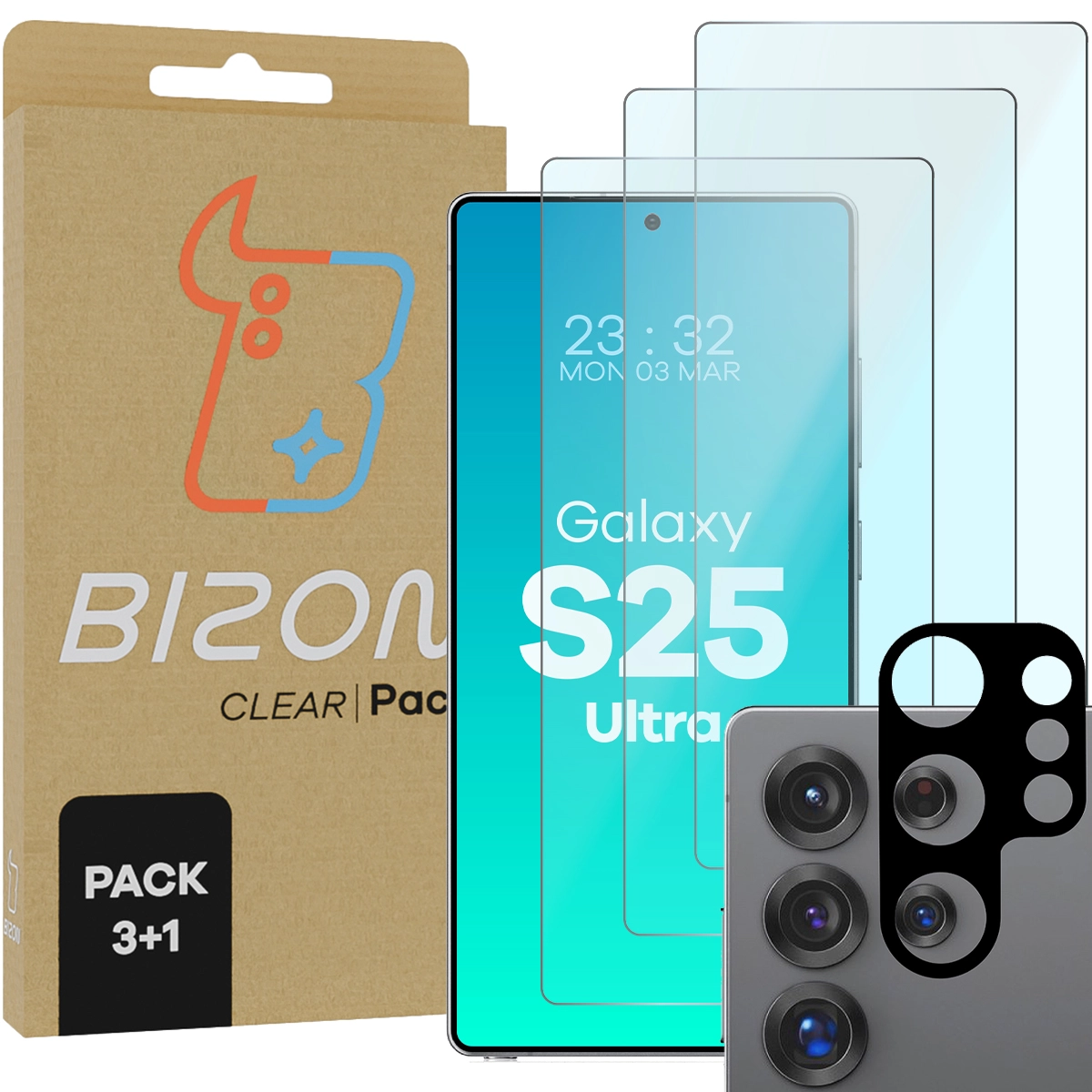 Zestaw ochronny Bizon 3x Szkło hartowane + szybka na aparat Clear 2 Pack do Galaxy S25 Ultra