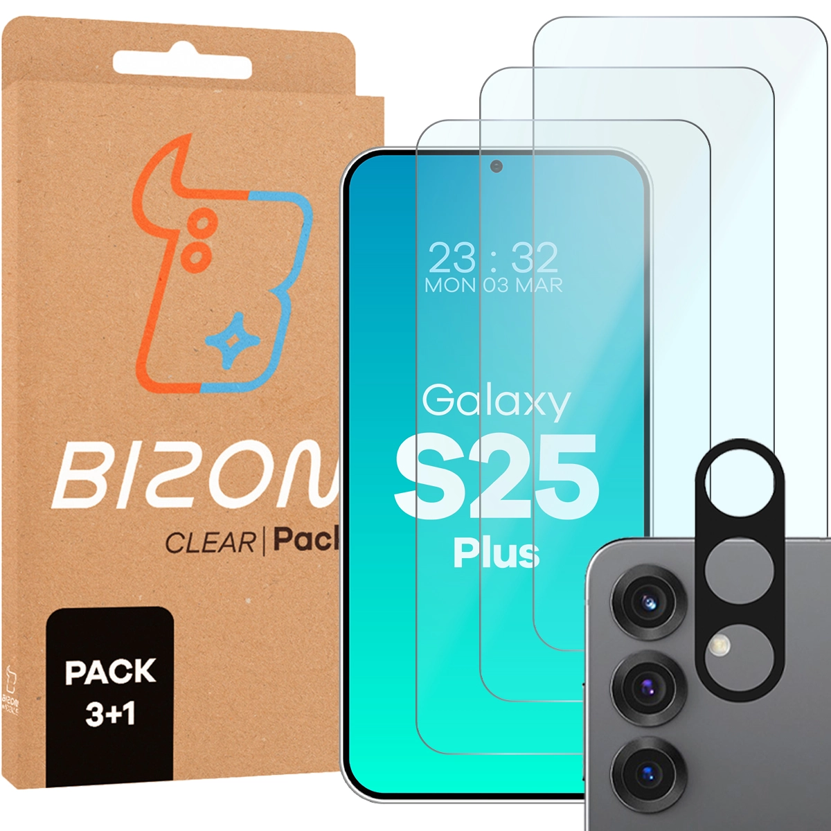Zestaw ochronny Bizon 3x Szkło hartowane + szybka na aparat Clear 2 Pack do Galaxy S25 Plus
