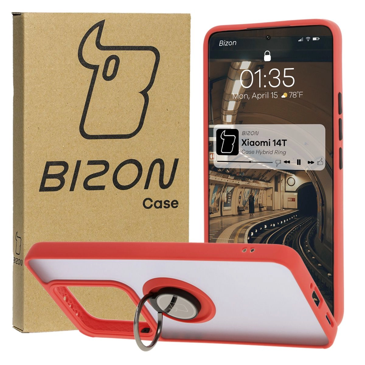 Etui Bizon z uchwytem na palec Hybrid Ring do Xiaomi 14T przydymione z Czerwoną ramką