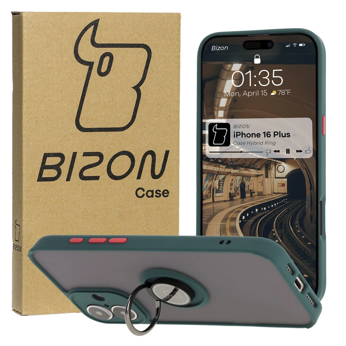 Etui Bizon z uchwytem na palec Hybrid Ring do iPhone 16 Plus przydymione z Ciemnozieloną ramką