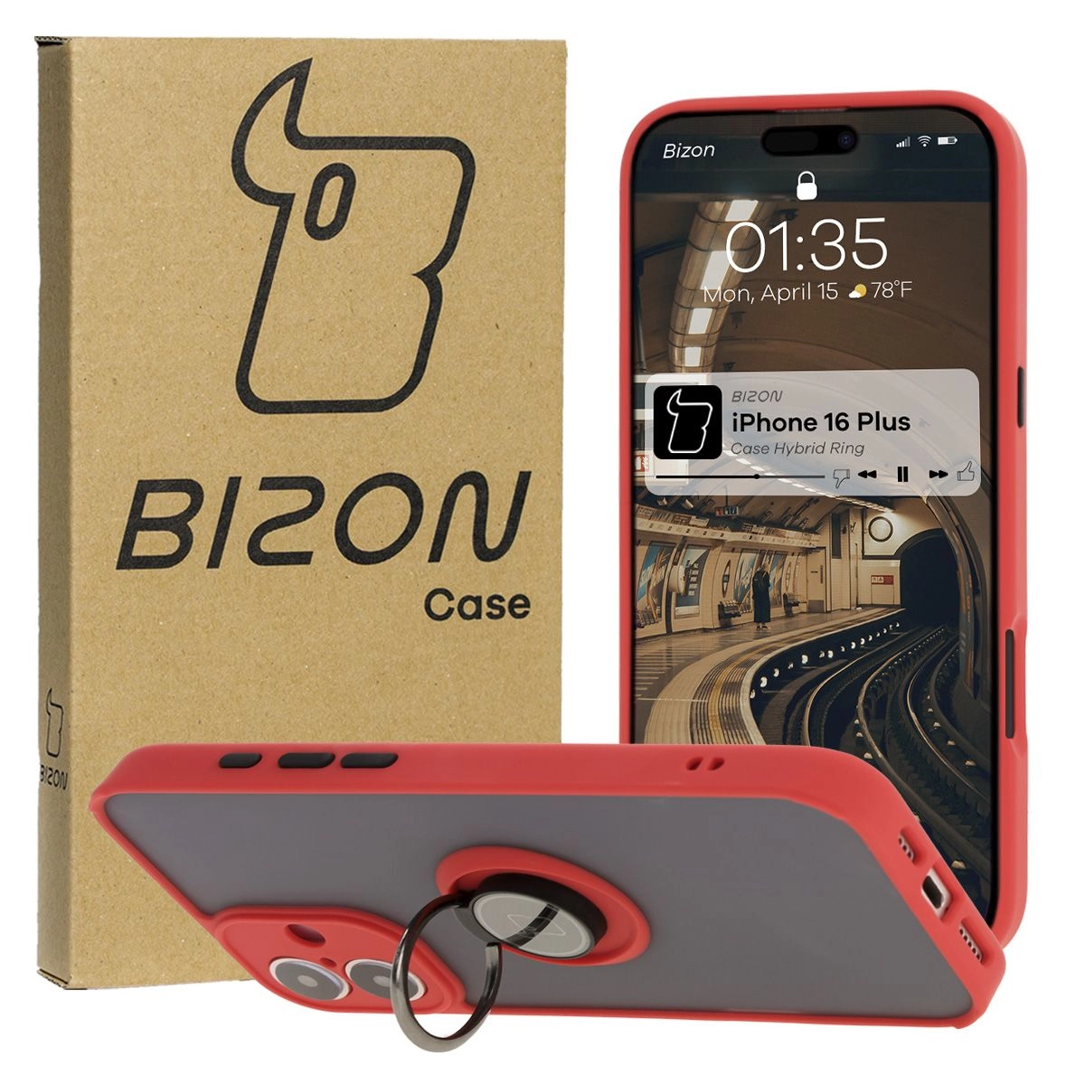Etui Bizon z uchwytem na palec Hybrid Ring do iPhone 16 Plus przydymione z Czerwoną ramką