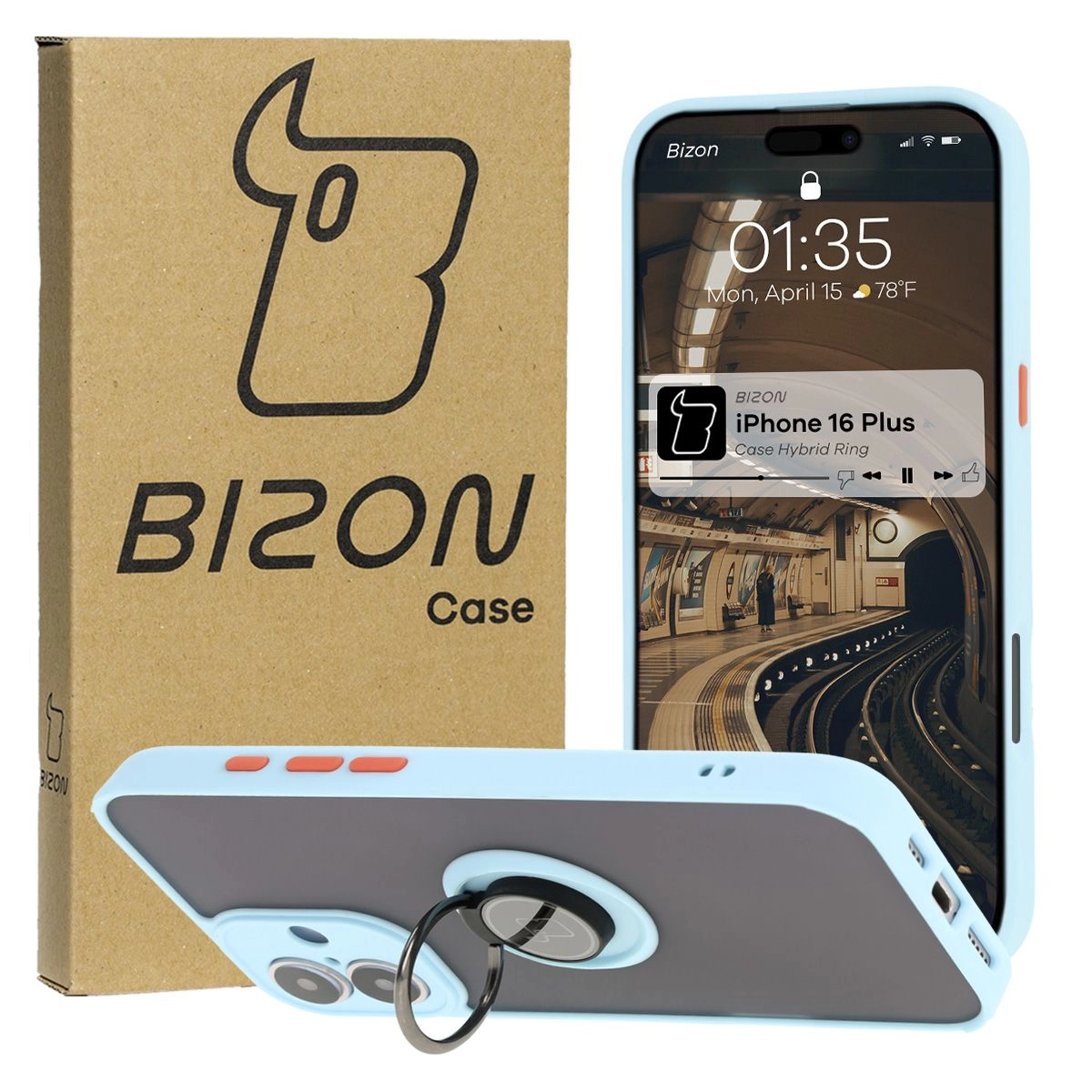 Etui Bizon z uchwytem na palec Hybrid Ring do iPhone 16 Plus przydymione z Jasnoniebieską ramką