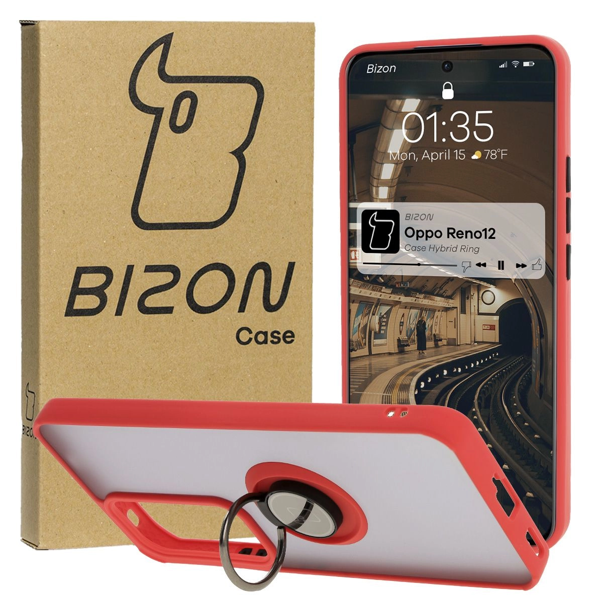 Etui Bizon z uchwytem na palec Hybrid Ring do Oppo Reno 12 przydymione z Czerwoną ramką