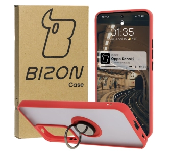 Etui Bizon z uchwytem na palec Hybrid Ring do Oppo Reno 12 przydymione z Czerwoną ramką