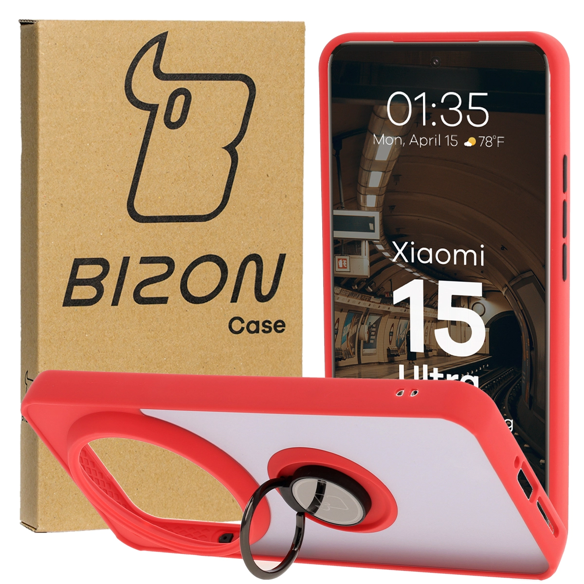 Etui Bizon z uchwytem na palec Hybrid Ring do Xiaomi 15 Ultra przydymione z Czerwoną ramką
