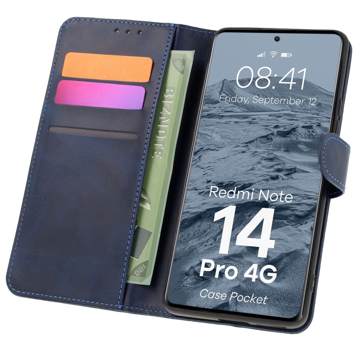 Etui Bizon z klapką Pocket do Xiaomi Redmi Note 14 Pro 4G Granatowy