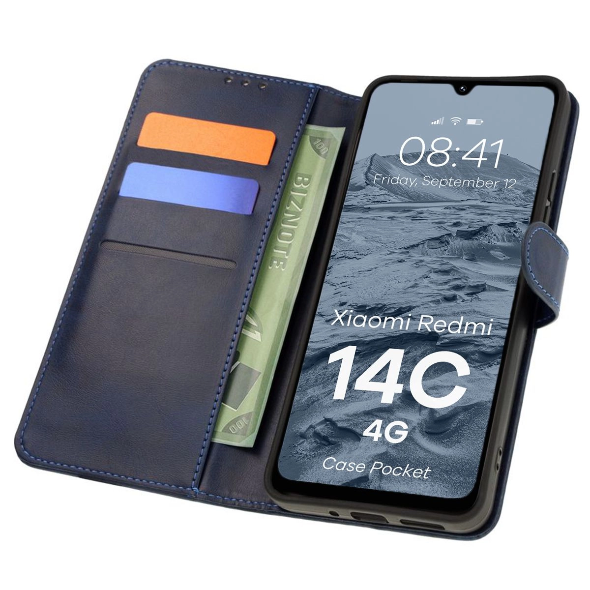 Etui Bizon z klapką Pocket do Xiaomi Redmi 14C 4G/POCO C75 Granatowy