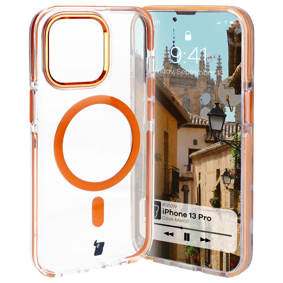 Etui Bizon Marco z MagSafe do iPhone 13 Pro Przezroczysty z Pomarańczową ramką