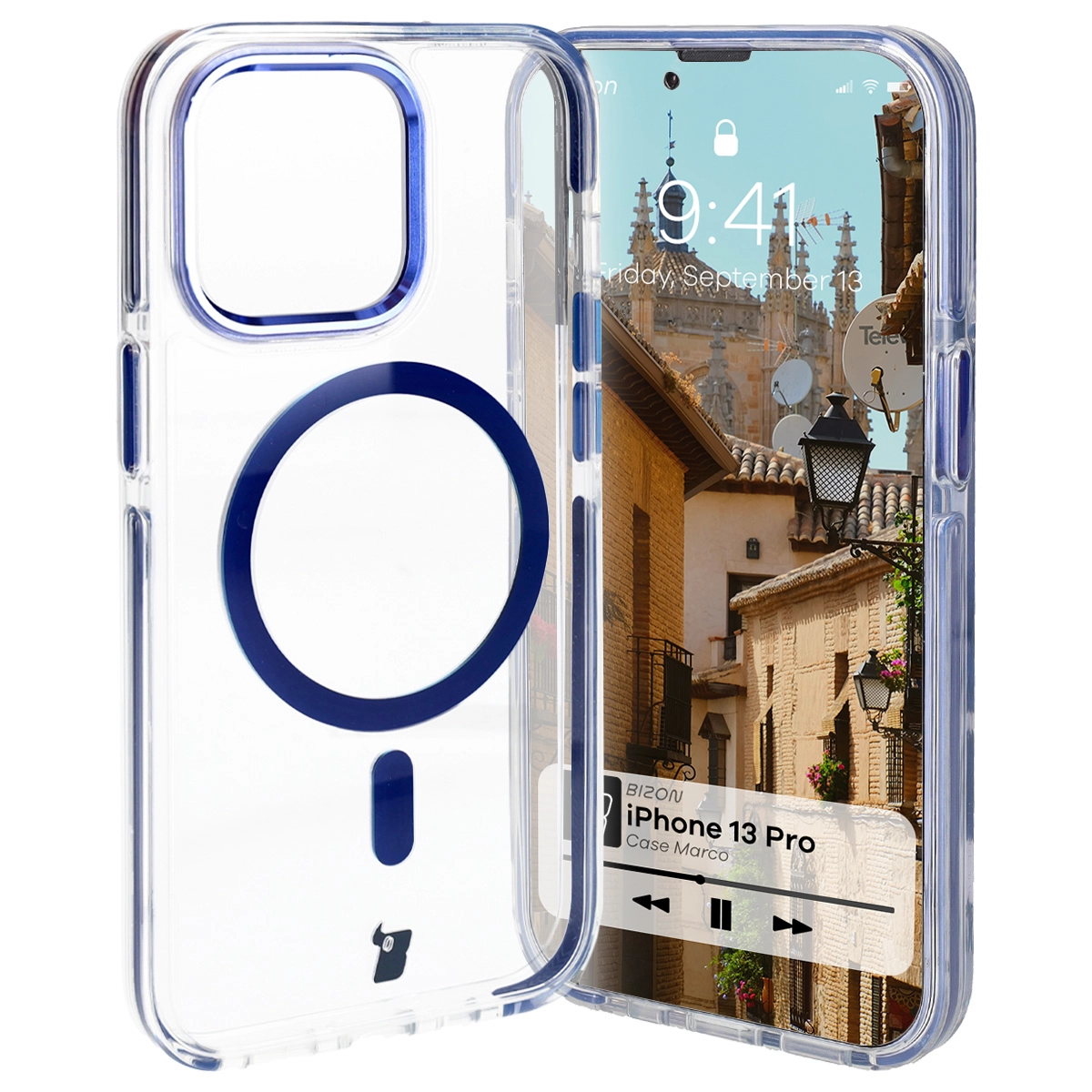 Etui Bizon Marco z MagSafe do iPhone 13 Pro Przezroczysty z Niebieską ramką