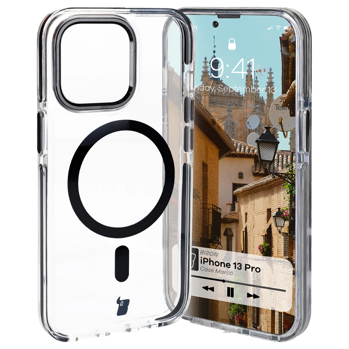Etui Bizon Marco z MagSafe do iPhone 13 Pro Przezroczysty z Czarną ramką