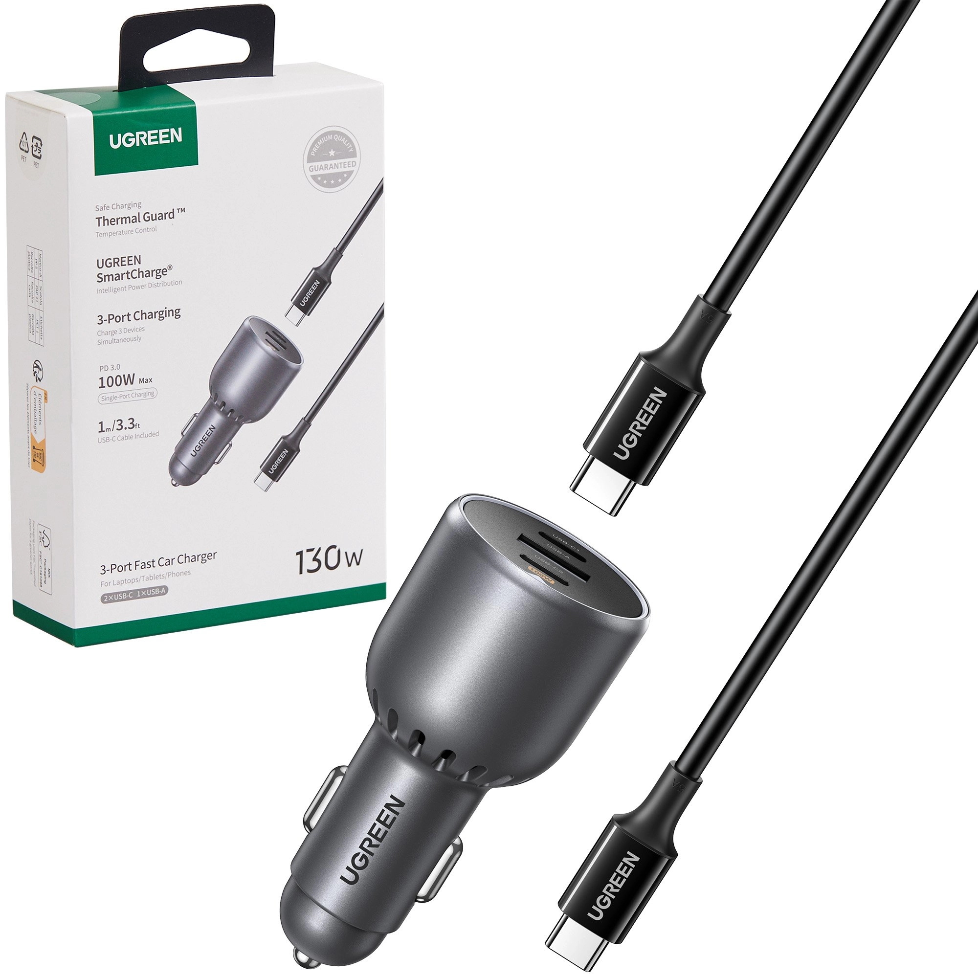 Ładowarka samochodowa UGREEN EC705 USB + 2x USB-C 130W + kabel 1m 5A Czarny