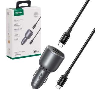 Ładowarka samochodowa UGREEN EC705 USB + 2x USB-C 130W + kabel 1m 5A Czarny