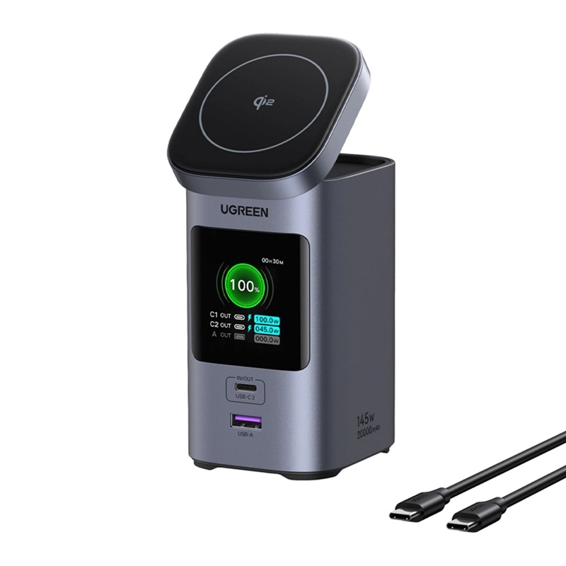 Ładowarka indukcyjna UGREEN 2w1 Nexode 20000mAh 145W Qi2 2x USB-C, USB Szary