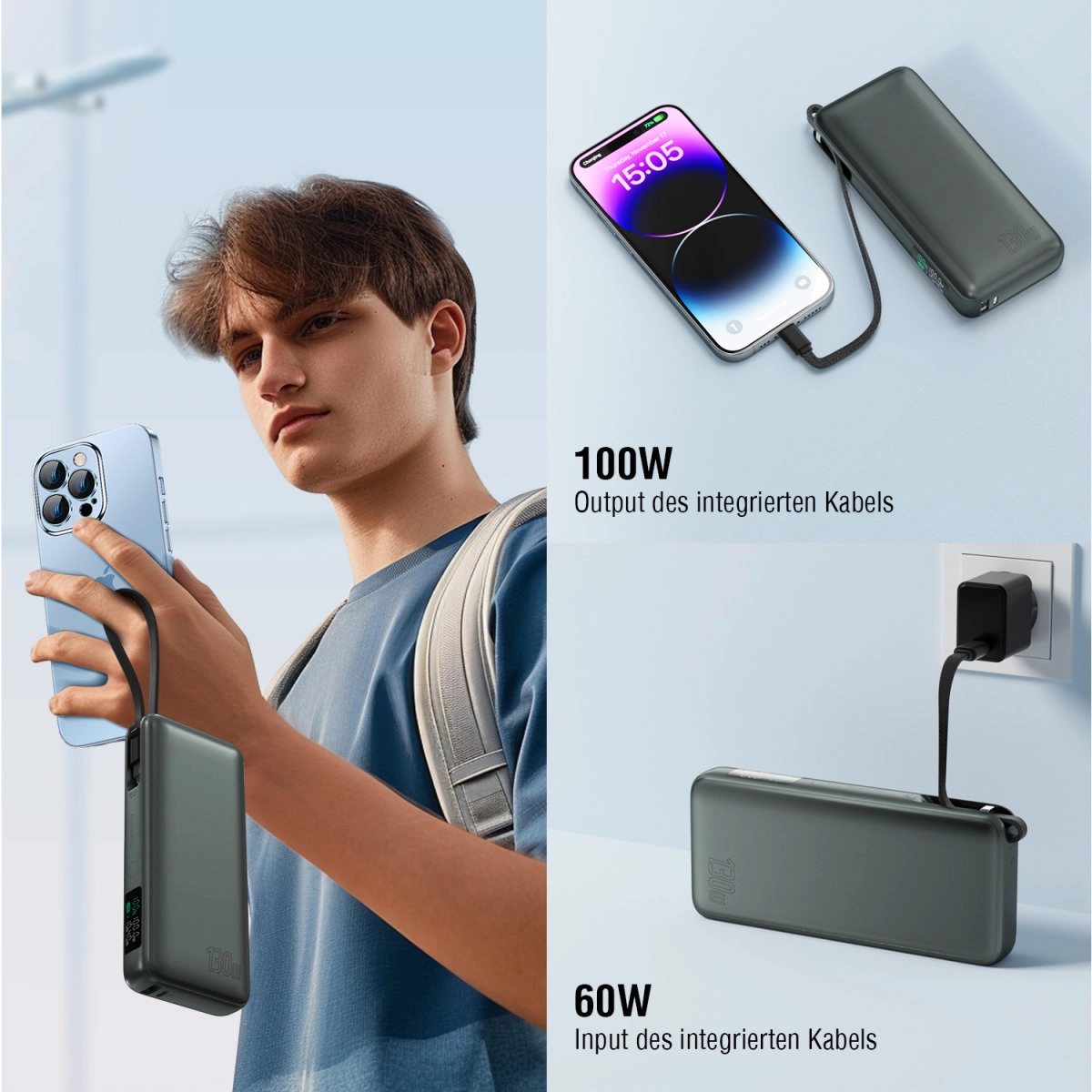 Powerbank 4smarts Enterprise 20000mAh 100W Wbudowany kabel USB-C Szary