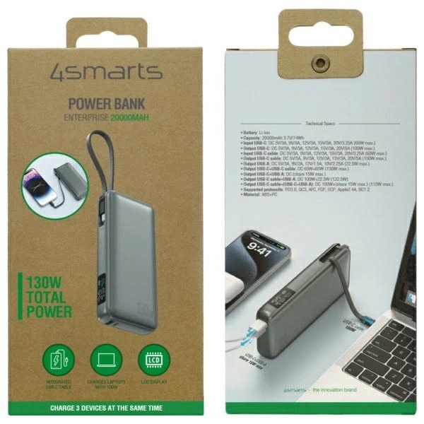 Powerbank 4smarts Enterprise 20000mAh 100W Wbudowany kabel USB-C Szary