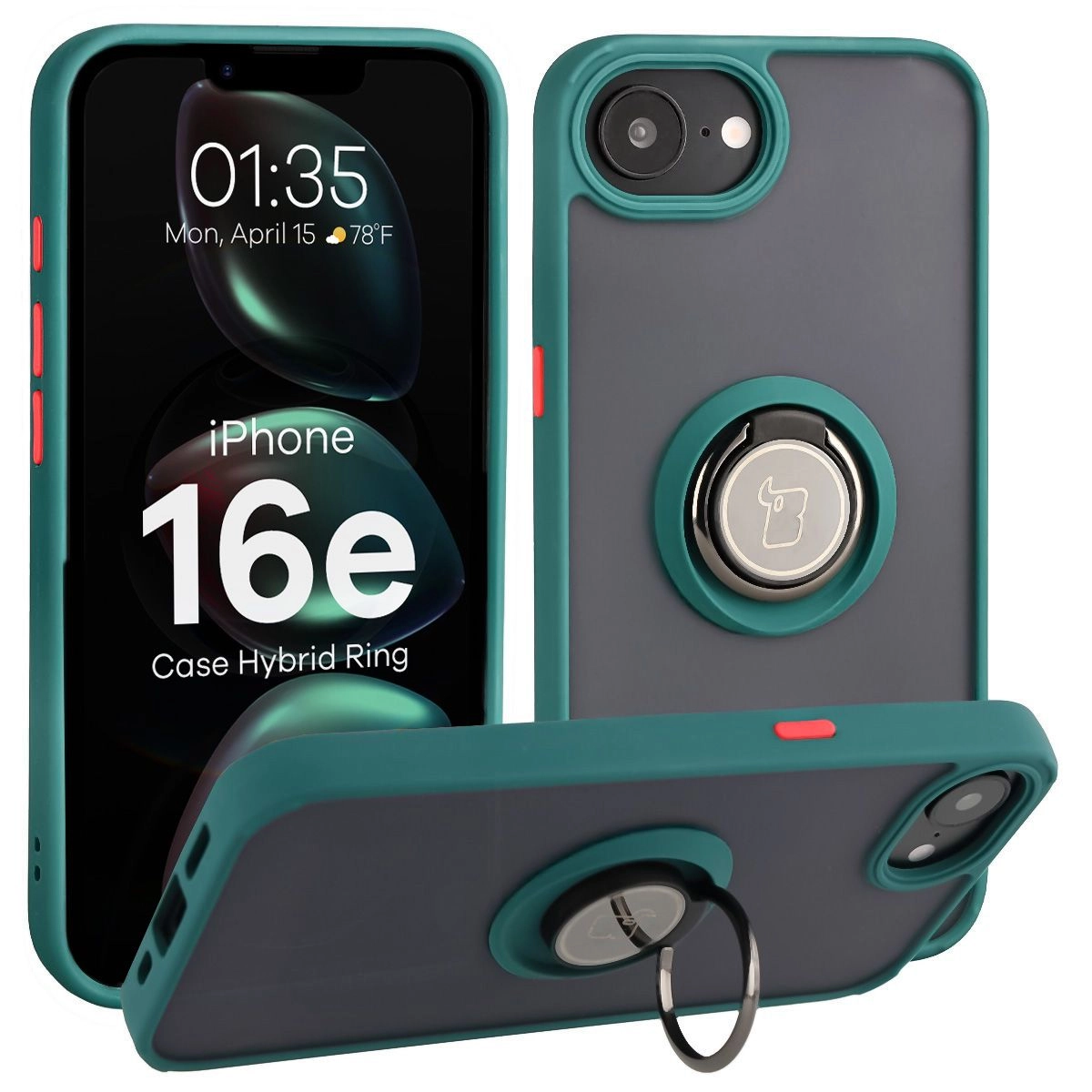 Etui Bizon z uchwytem na palec Hybrid Ring do Apple iPhone 16e Przydymione z Zieloną ramką