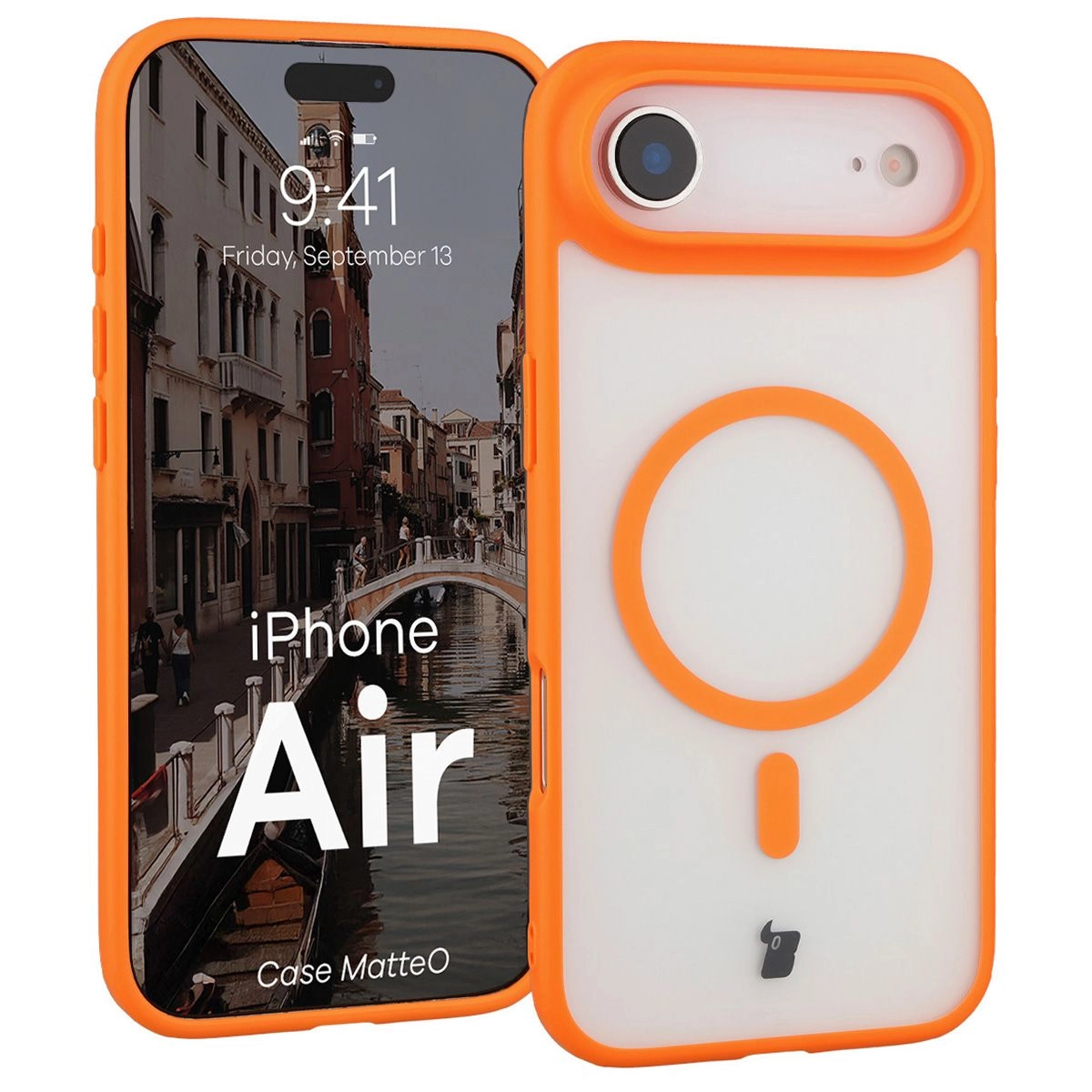 Etui Bizon MatteO z MagSafe do Apple iPhone Air Półprzezroczyste z pomarańczową ramką