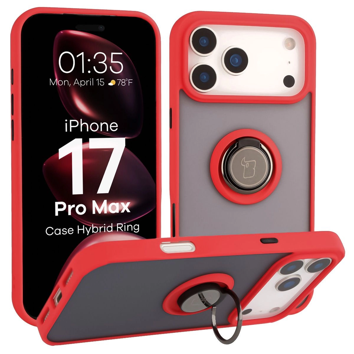 Etui Bizon z uchwytem na palec Hybrid Ring do Apple iPhone 17 Pro Max Przydymione z Czerwoną ramką