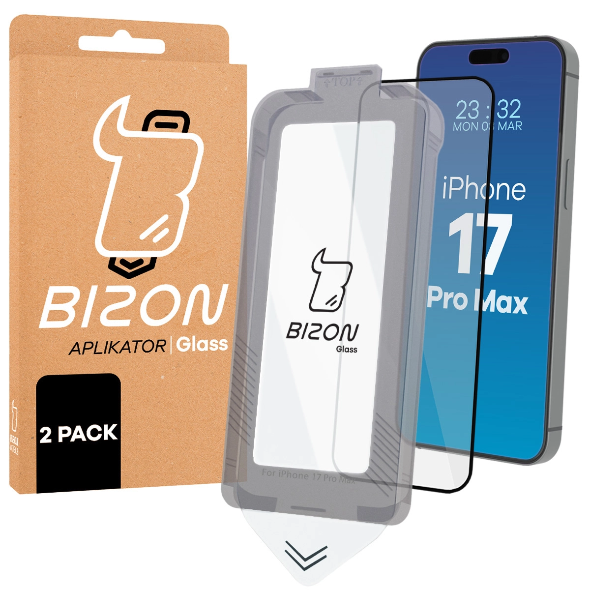Szkło hartowane Bizon z ramką do łatwej aplikacji Glass Aplikator do iPhone 17 Pro Max 2szt
