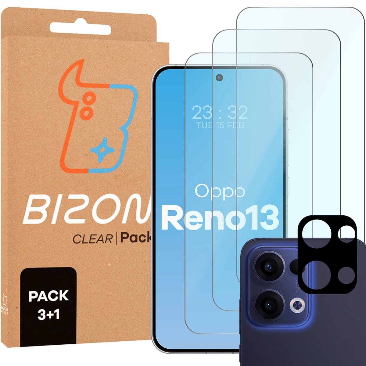 Zestaw ochronny Bizon 3x szkło + szybka na aparat Clear 2 Pack do Oppo Reno13