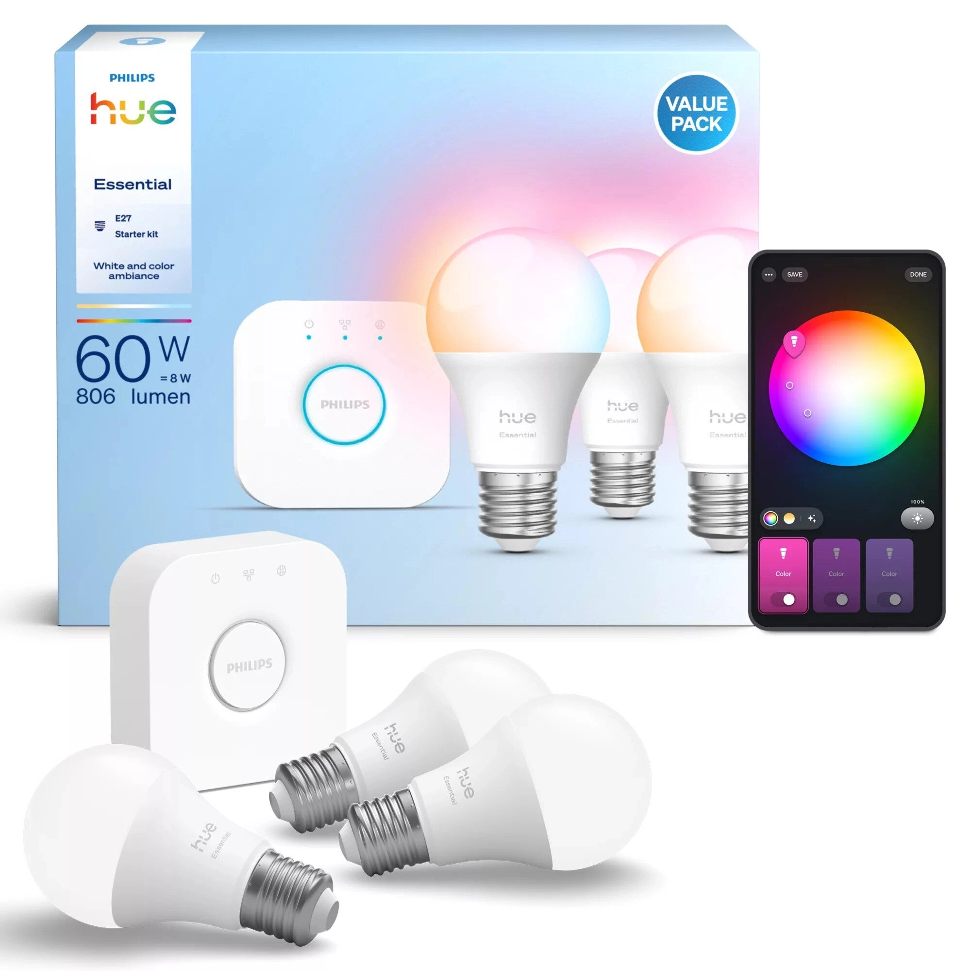 Philips Hue Essential E27 3szt + Bridge