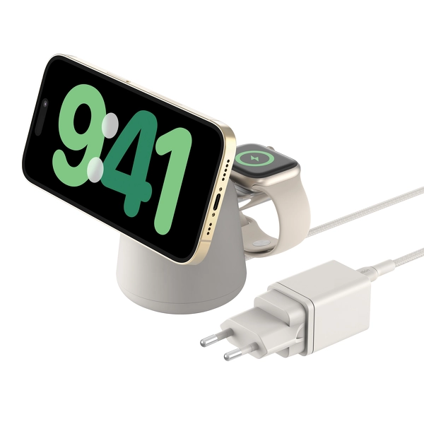 Ładowarka indukcyjna Belkin 2w1 Qi2 15W do iPhone AppleWatch AirPods Kremowy